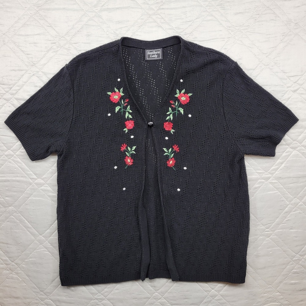 Southern Lady black cardigan sweater w/ floral embroidery size S